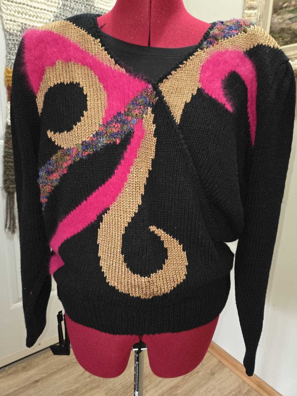 Black Sweater with Pink & Gold Metallic Swirl Design - Women's Sweater